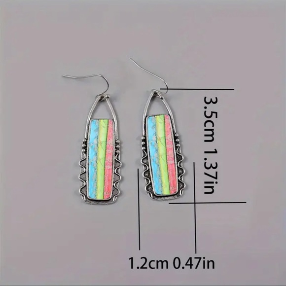 BOHO CRAFTED MULTI COLORED INLAID HOOK DANGLE SILVER TONE VINTAGE EARRINGS - Picture 4 of 6